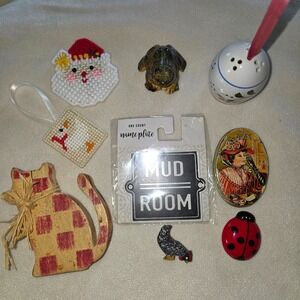 Eclectic Home Decor Lot Coca-Cola Tin Wooden Cat Mud Room Sign Frog Ladybug Hen